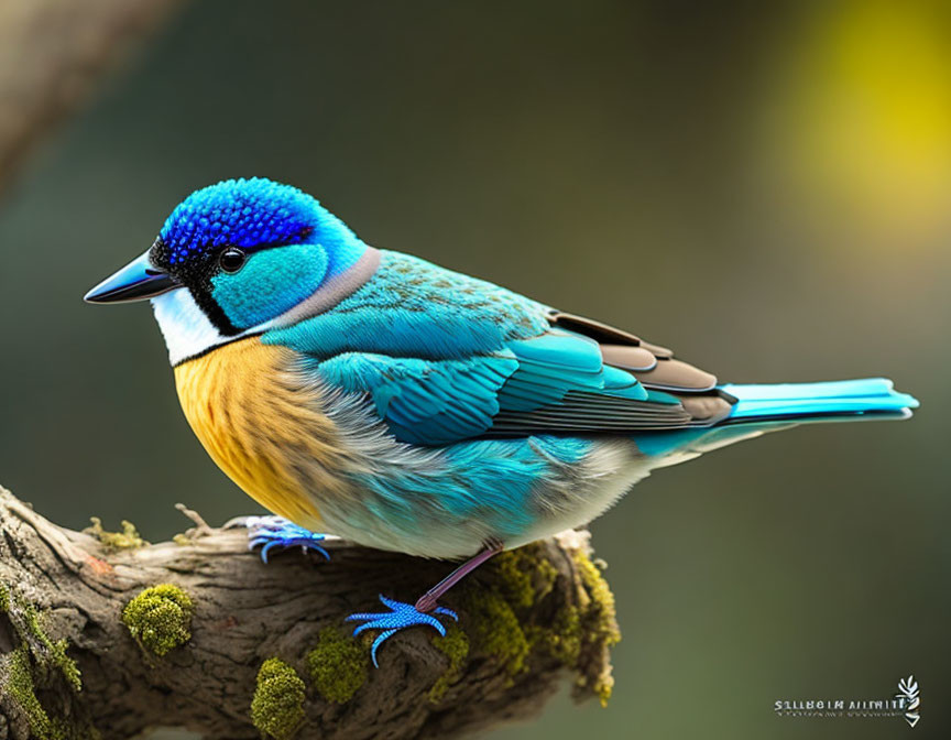 Vibrant blue and tan bird on moss-covered branch in soft background