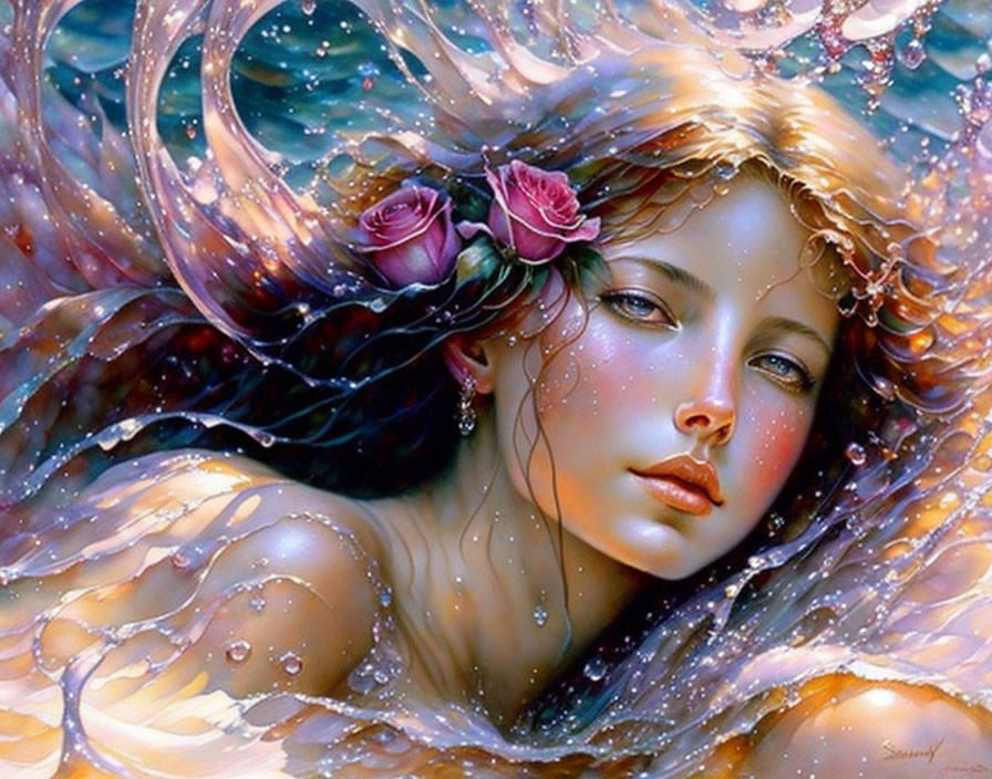 Fantasy painting: Woman with flowing hair and roses, submerged in sparkling water