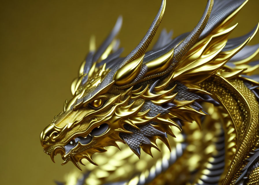 Intricate Golden Dragon Sculpture on Warm Yellow Background