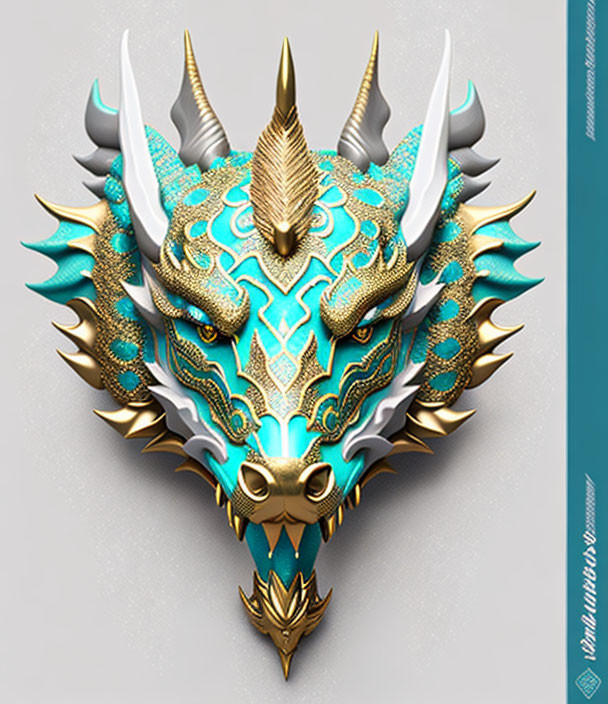 Detailed digital illustration of ornate dragon head with turquoise and gold patterns, white horns, sharp teeth on