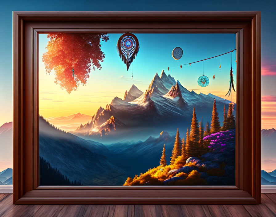 Surreal landscape artwork with mountains, dreamcatchers, and planets in vibrant sunset