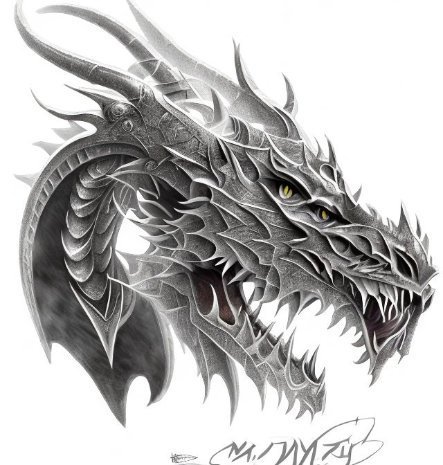 Detailed Monochromatic Drawing of Fierce Dragon