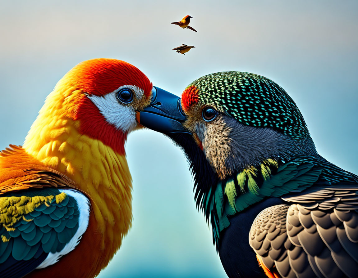 Colorful Parrots Touching Beaks with Flying Bird on Blue Background