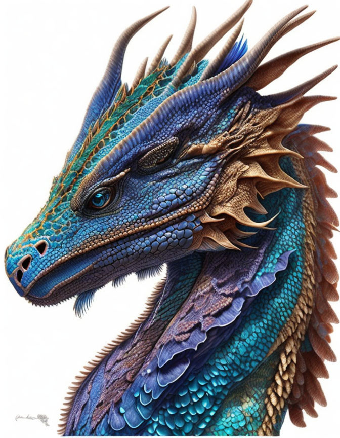 Detailed Blue Dragon Head Illustration with Intricate Scales and Prominent Horns