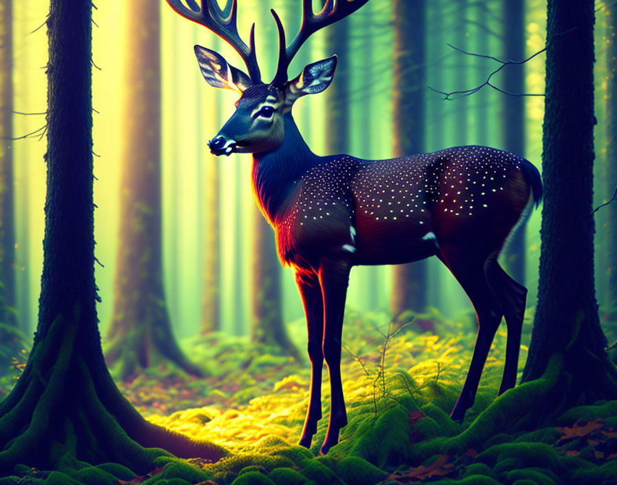 Majestic deer with glowing spots in vibrant forest setting