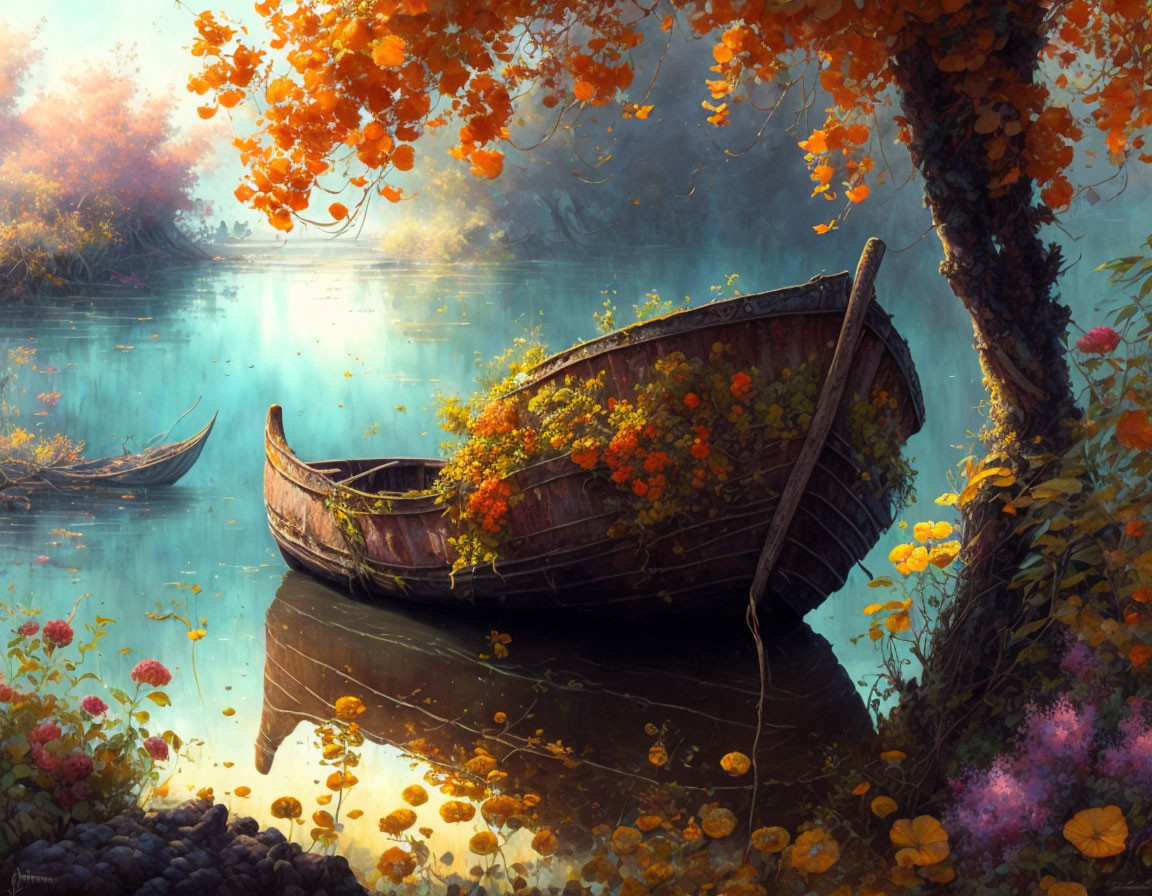 Old wooden boat covered in flowers on tranquil river with autumn trees