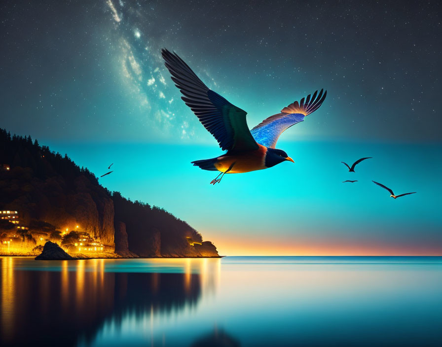 Bird in Flight Over Calm Sea at Twilight with Starry Sky and Cliff-side Silhouette