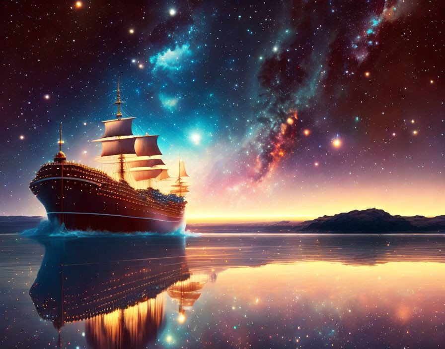 Sailing ship on calm waters under starry night sky with bright nebula