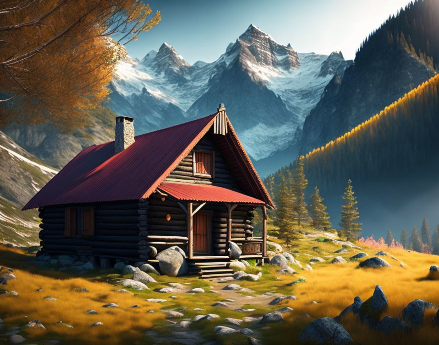 Rustic log cabin with red roof in serene mountain valley surrounded by autumnal trees.