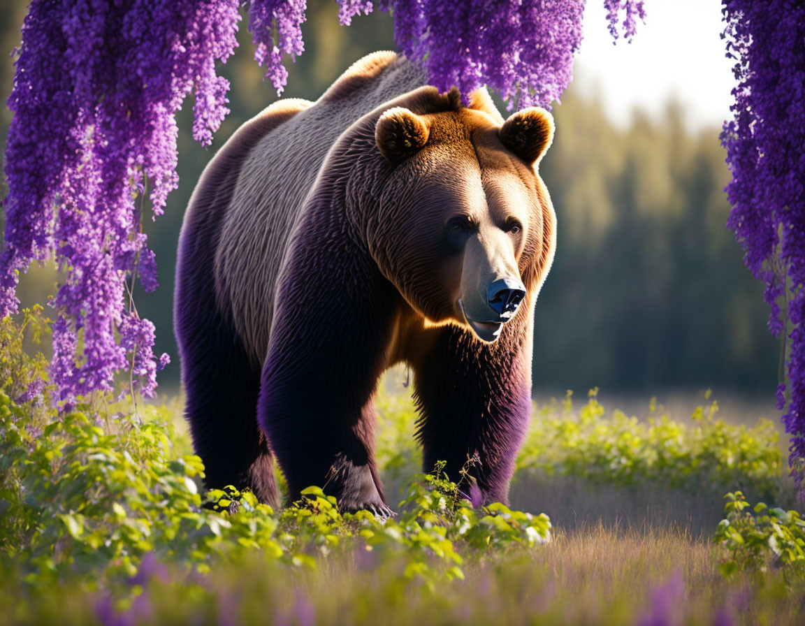 Brown bear in purple flora under golden sunlight