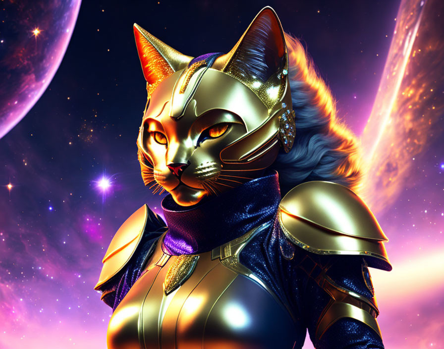 Futuristic cat in golden and blue armor against cosmic backdrop