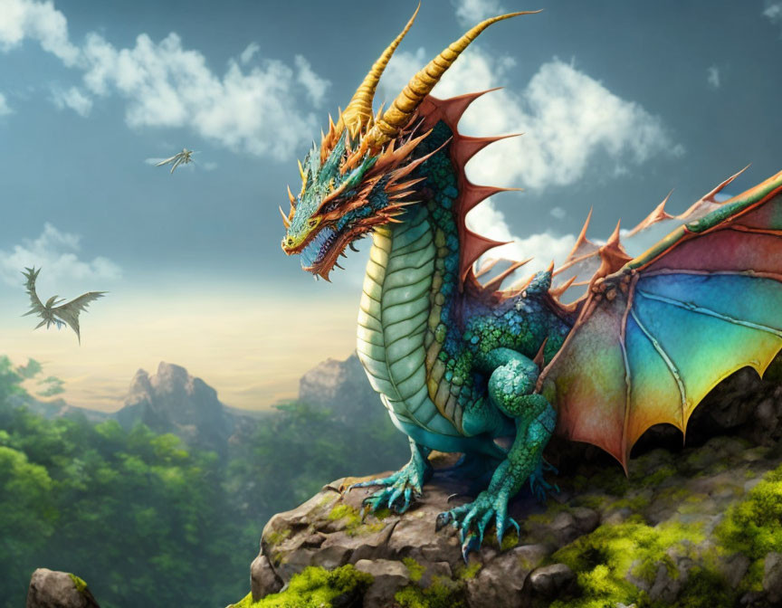 Majestic green and blue dragon on mountain cliff with misty landscape