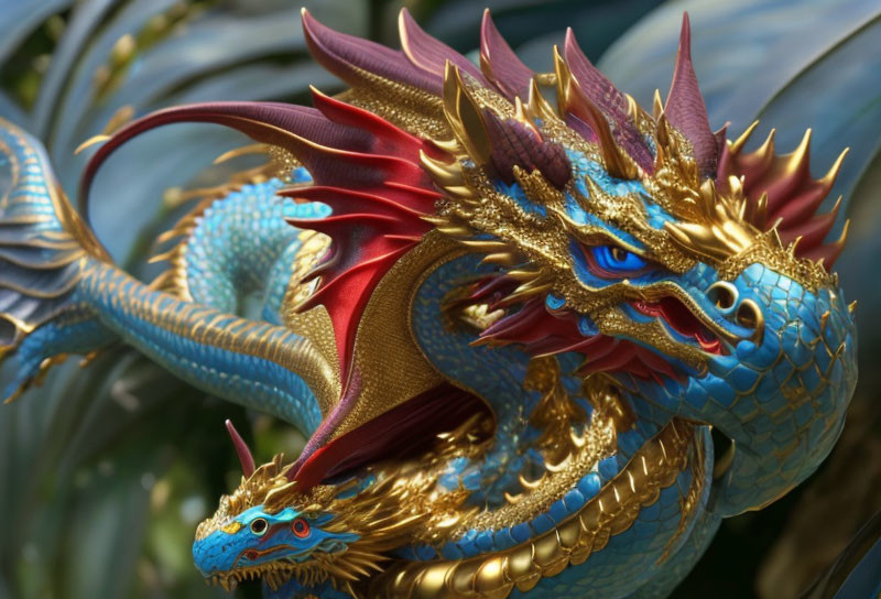 Detailed Close-Up of Vibrant Blue and Gold Dragon with Red Wings