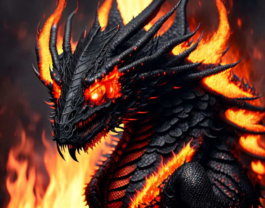 Black dragon with red eyes and fiery aura.