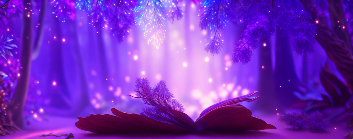 Red open book in magical purple forest with glowing lights