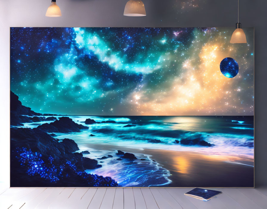 Twilight beach scene with galaxy view on large screen and cozy indoor setting