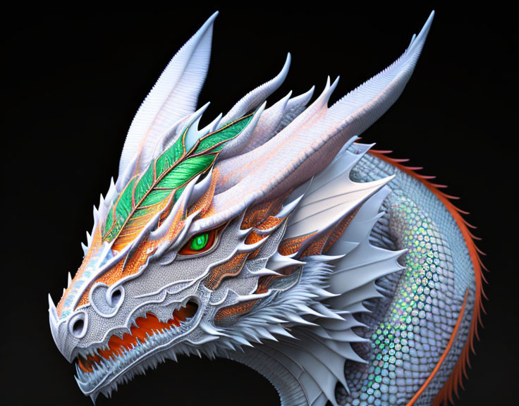 Detailed Dragon Head Artwork with Scales, Horns, and Orange Eyes