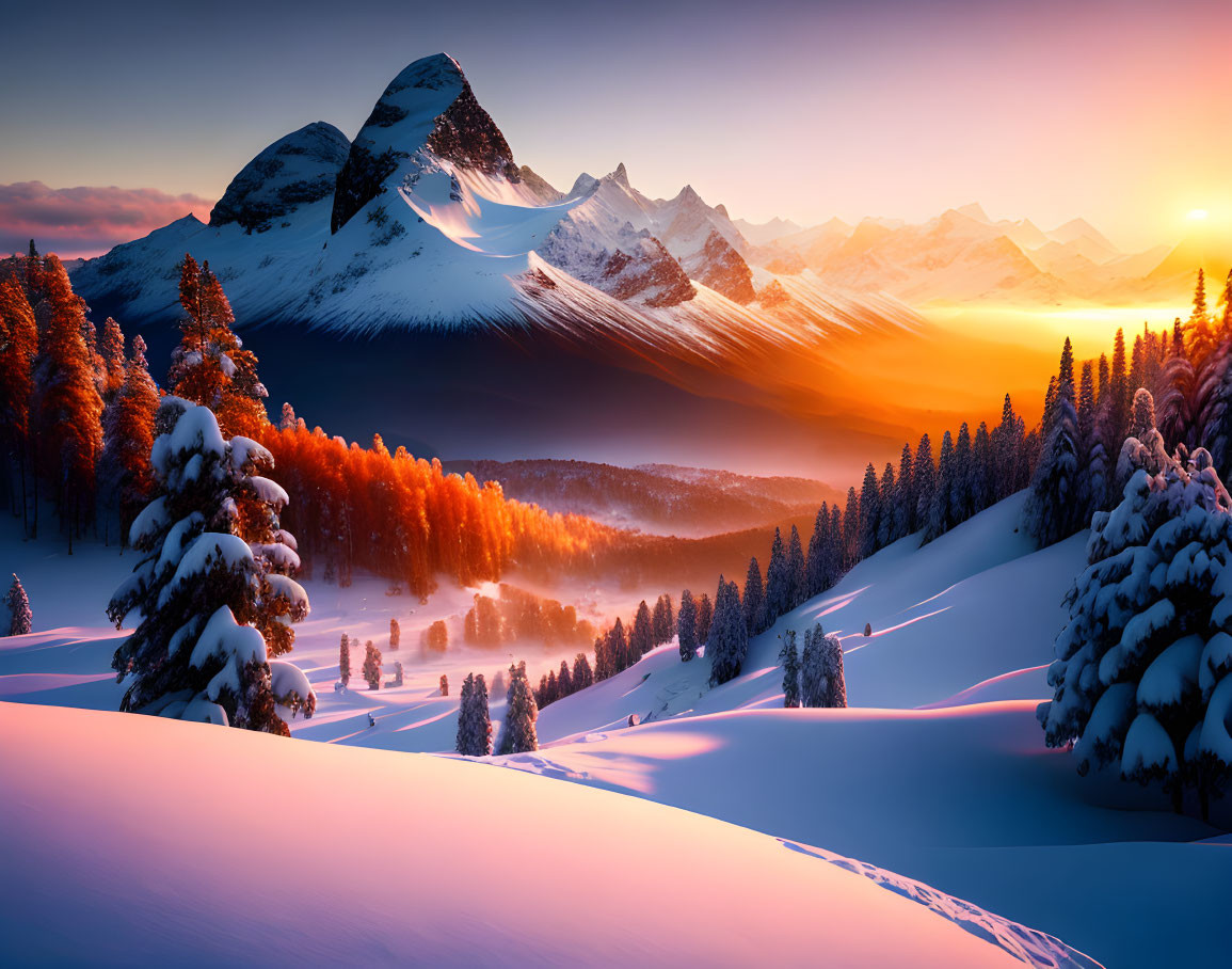 Snow-covered trees in vibrant sunrise landscape.