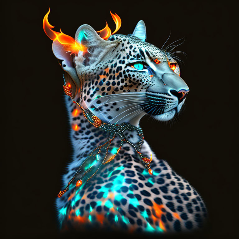 Digital artwork: Leopard with blue eyes, glowing ornaments, flame ears on dark background