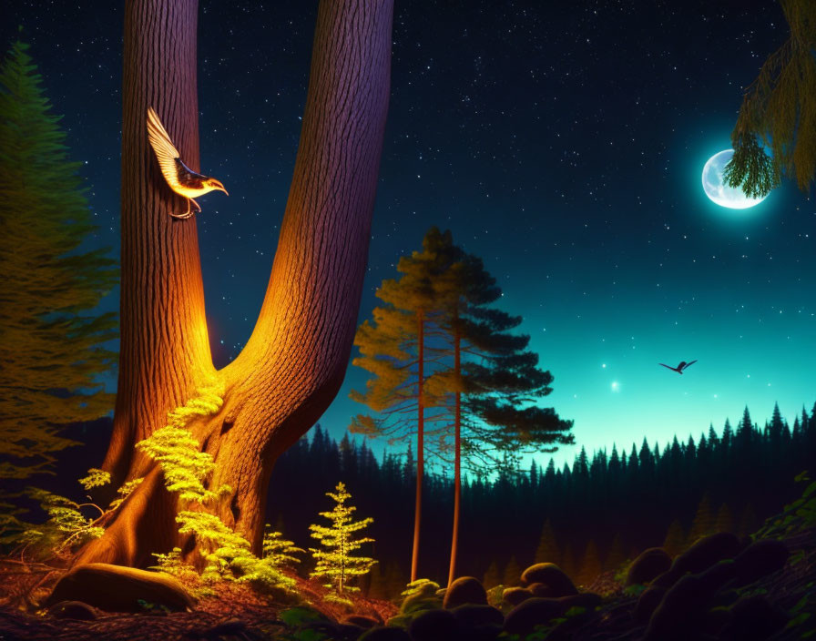 Majestic owl flying from luminous tree in serene forest under starry sky