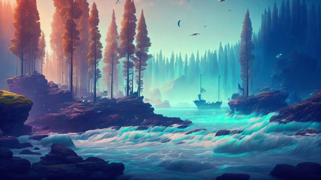 Fantasy landscape with glowing river, tall trees, and distant ship