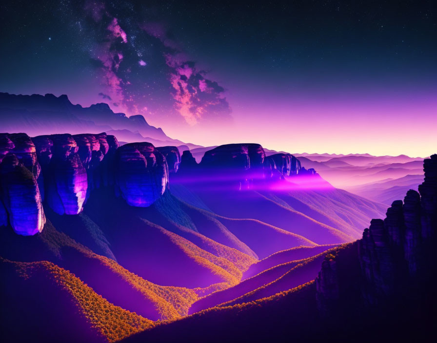 Digital artwork showcases vibrant mountain terrain in purple and blue hues under a starry night sky