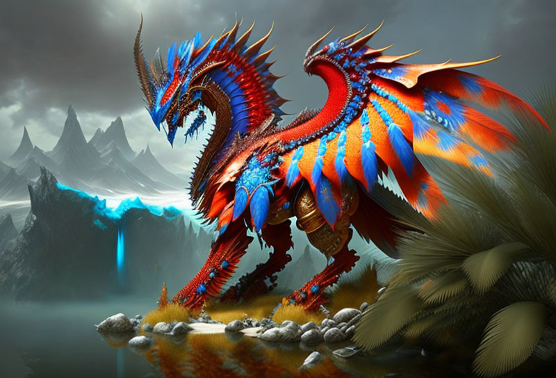 Majestic red and blue dragon in vibrant digital artwork