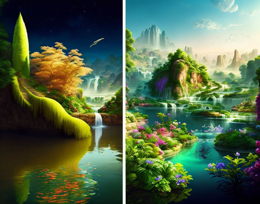 Vibrant fantastical landscapes: lush vegetation, waterfalls, floating islands.