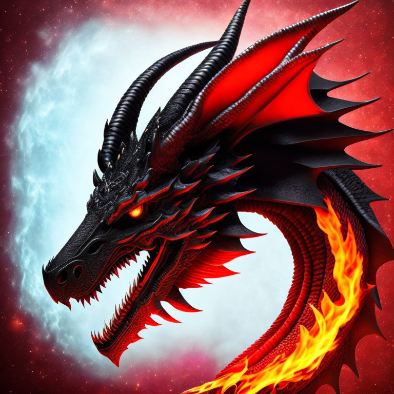 Black and Red Dragon with Glowing Eyes in Cosmic Setting