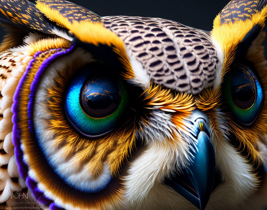 Detailed digital artwork: Owl with blue eyes & intricate feather patterns