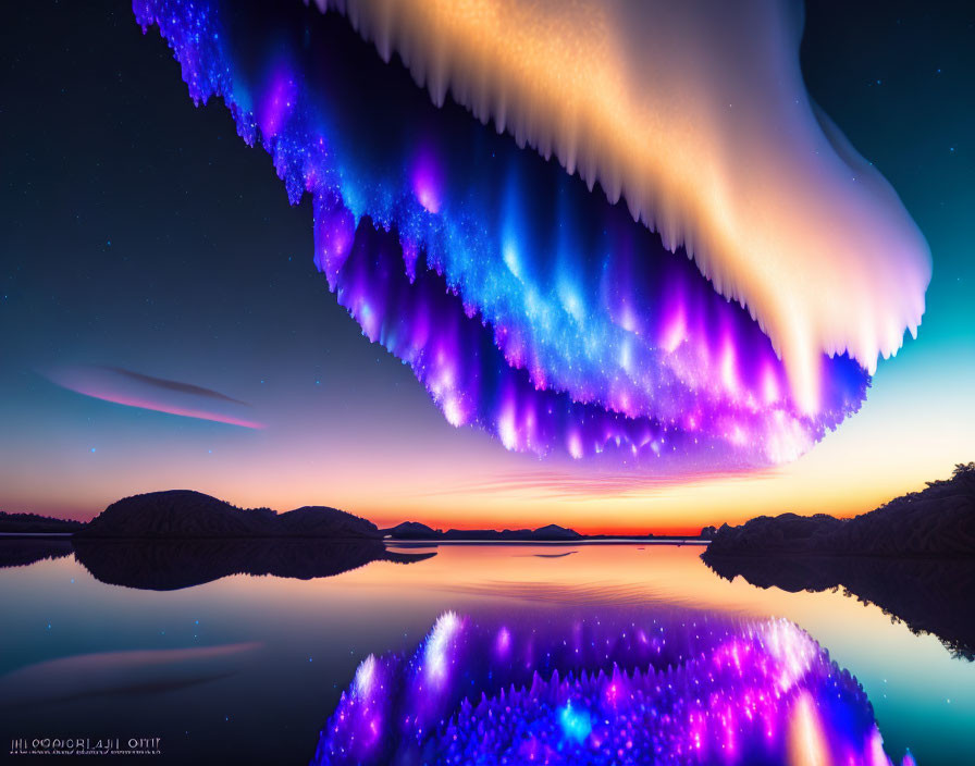 Surreal landscape with mirrored colorful sky forming giant jaw above serene lake