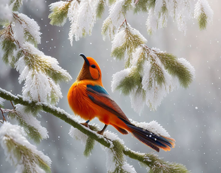 Colorful bird on snowy pine branch in serene winter scene