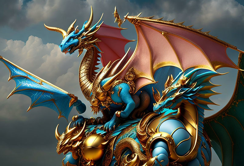 Blue and Gold Dragon with Large Wings and Intricate Scales on Cloudy Sky