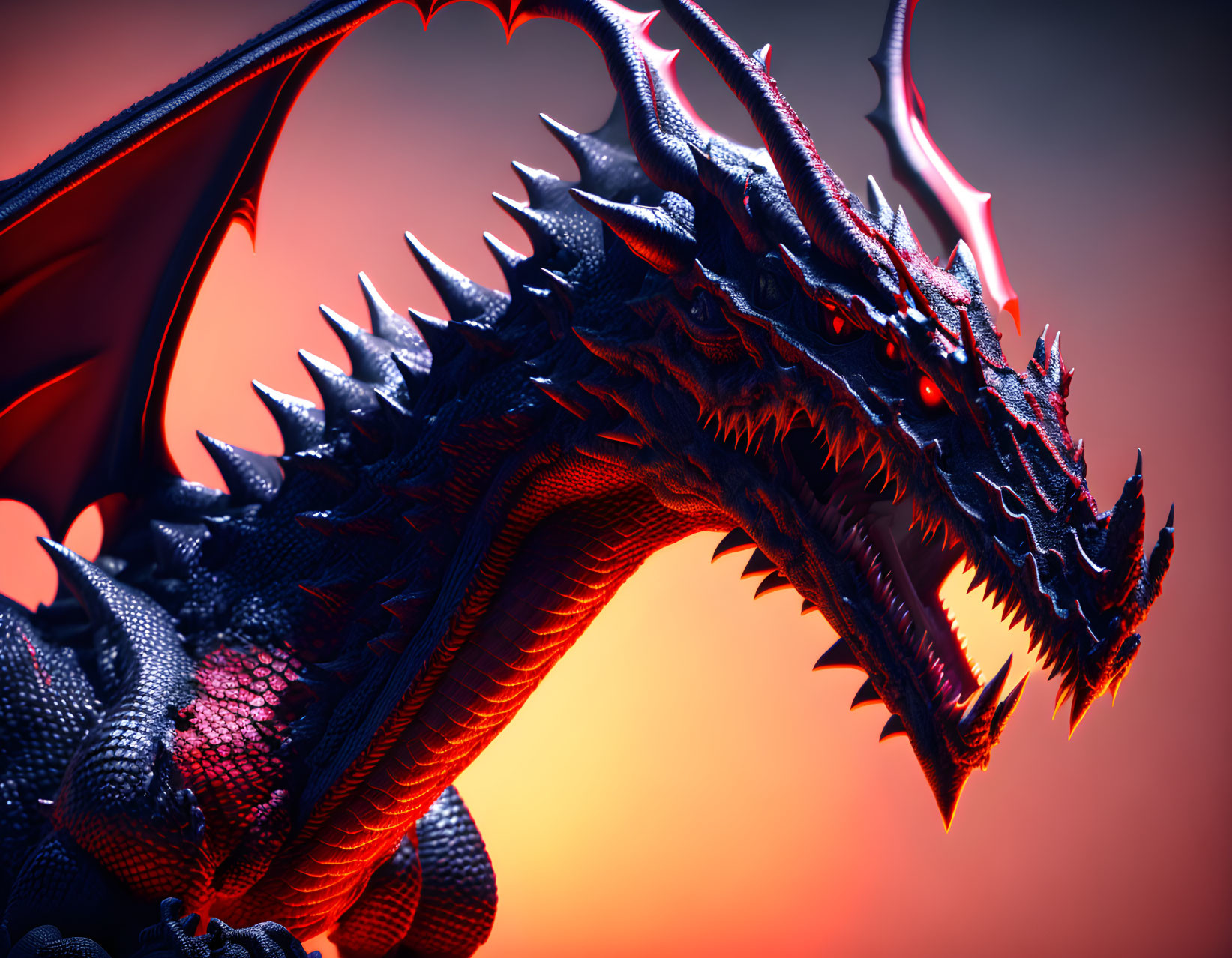 Detailed 3D rendering of fierce dragon with dark scales, sharp horns, and expansive wings on fiery