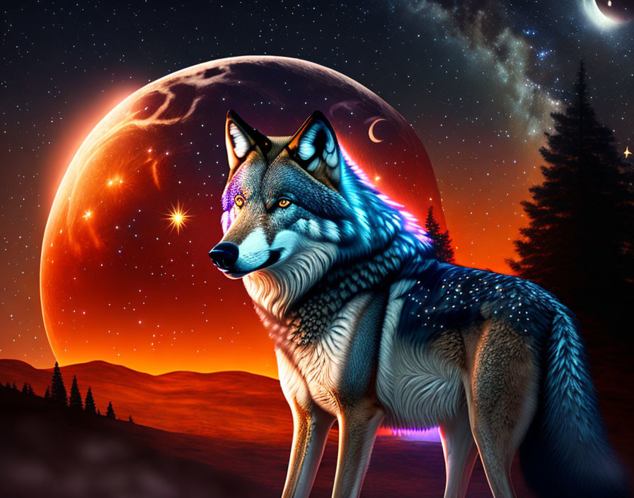 Colorful Wolf Digital Illustration with Moon, Stars, and Sunset Sky