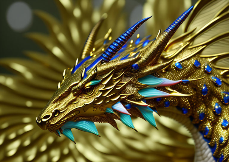 Golden Dragon Sculpture with Blue Accents and Intricate Details on Blurred Bokeh Background