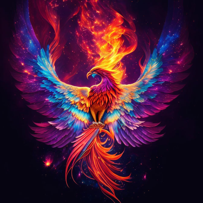 Mythical phoenix with fiery wings on cosmic background