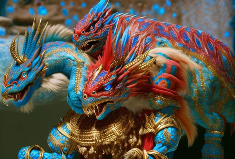 Colorful Ornate Dragon Sculptures with Intricate Patterns and Textures