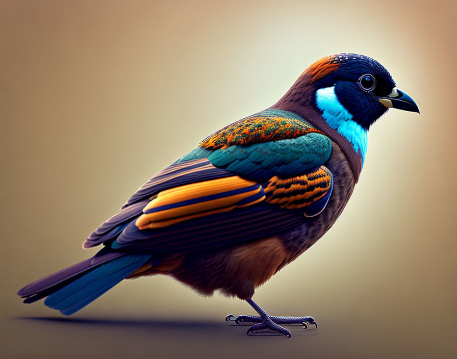 Vibrant bird illustration with blue, orange, and green feathers on brown background