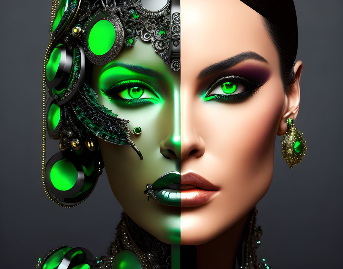 Split image: Woman with futuristic, robotic elements and natural, glamorous visage with vibrant green eyes.