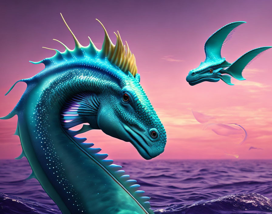 Blue sea dragons with spikes and fins in vibrant sunset sky above ocean waves