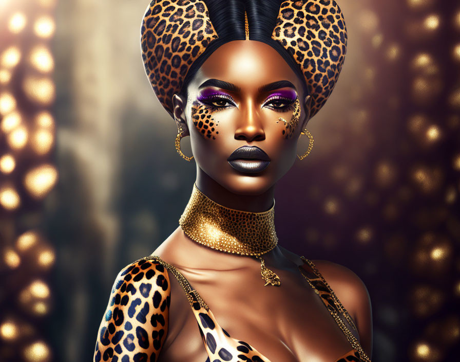 Digital Artwork: Woman with Leopard-Themed Makeup and Attire