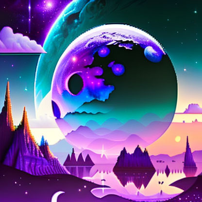 Colorful digital artwork: cosmic landscape with luminous mountains, giant moon, star-filled sky