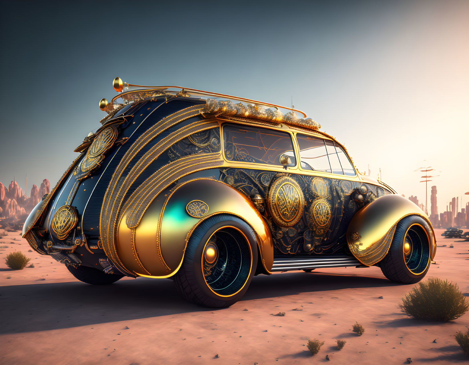 Digitally rendered retro-futuristic vehicle in desert landscape