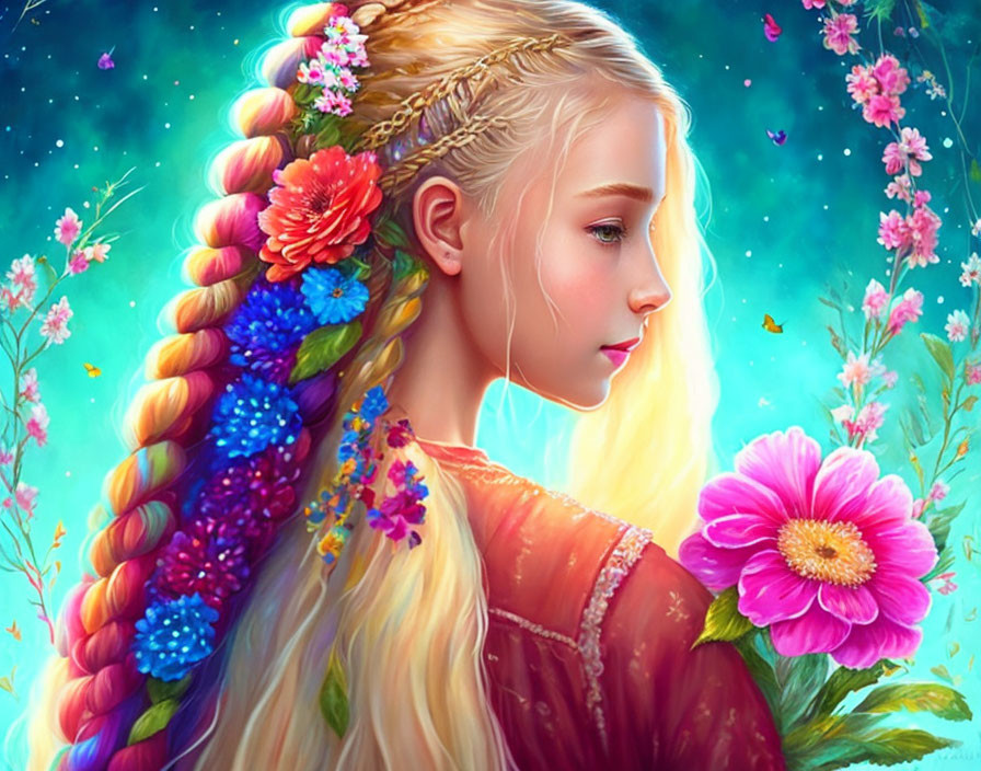 Colorful digital artwork: Young girl with floral braid in pink blossom setting