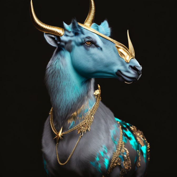 Blue Antelope Head Mythical Creature with Golden Horns and Mask on Elegant Gold Jewelry, Black Background