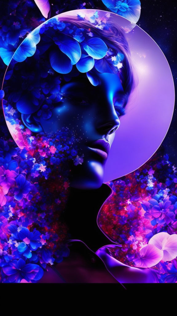 Surreal portrait with blue and purple floral motifs and cosmic backdrop