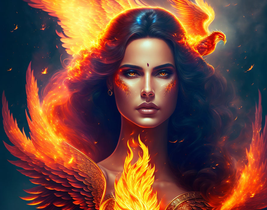 Fiery-winged woman with phoenix in dark setting symbolizes power and beauty.