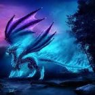 Mythical dragon with fiery eyes and blue flames in electrified sky