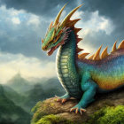 Majestic green and blue dragon on mountain cliff with misty landscape